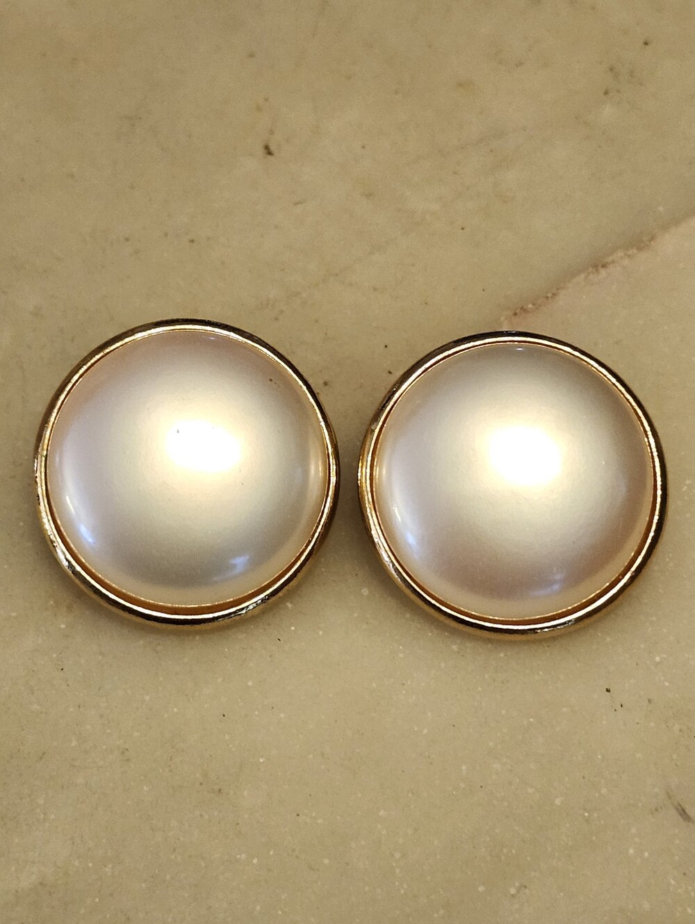 Classic Mother Of Pearl Dome Clip On Earrings in White and Gold Tone